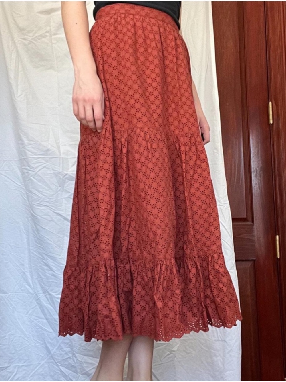 Ulla Johnson lined midi eyelet skirt burnt orange rust color